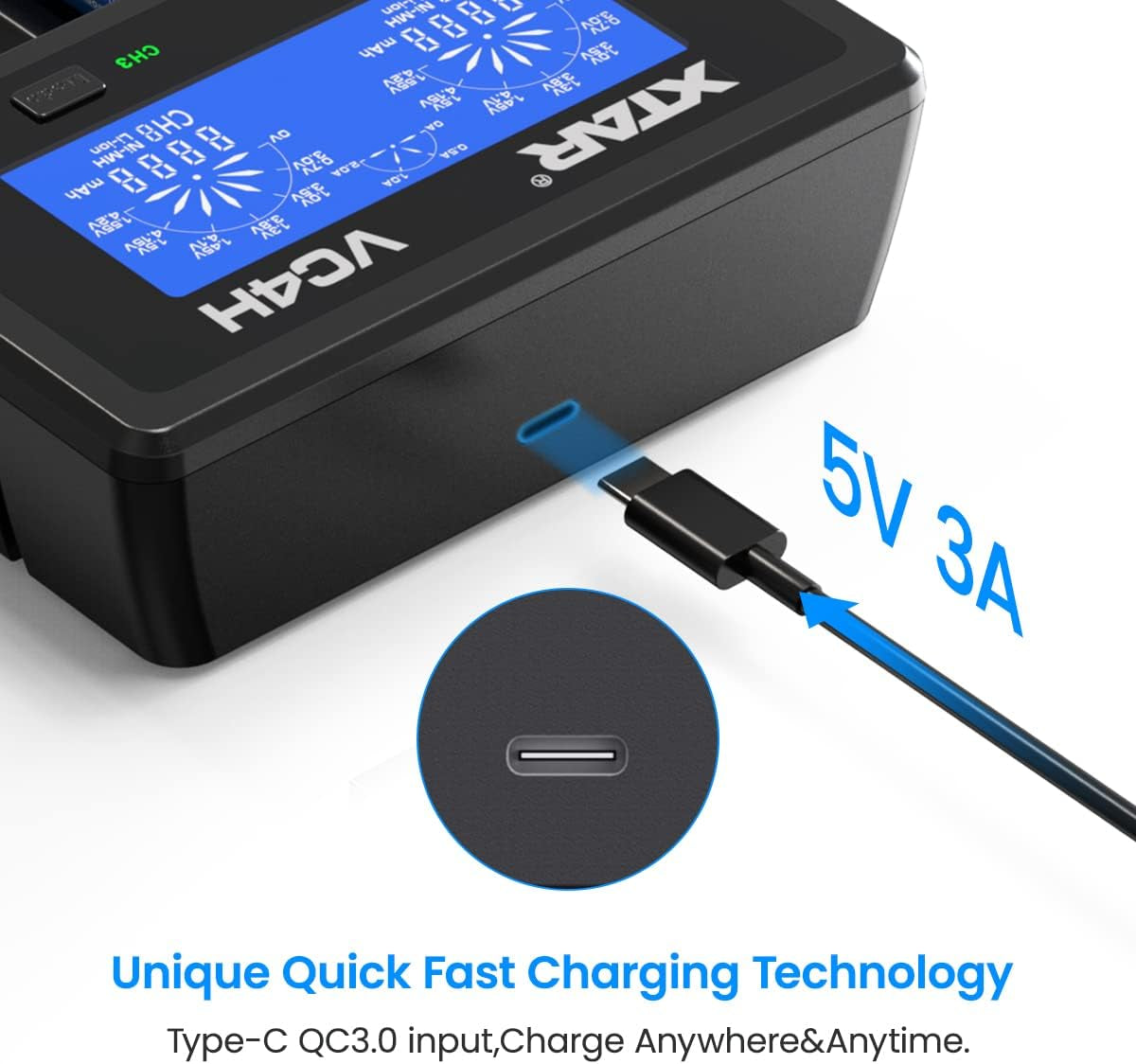 18650 Charger  VC4H Battery Charger 4 Bays Updated 21700 Battery Charger USB C Charger Not Including Batteries